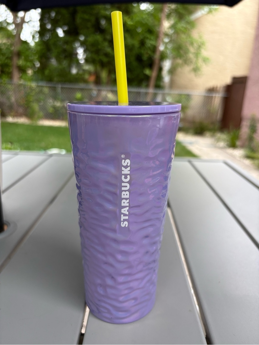 Starbucks Iridescent Lavender Glass Textured Tumbler with Yellow Straw